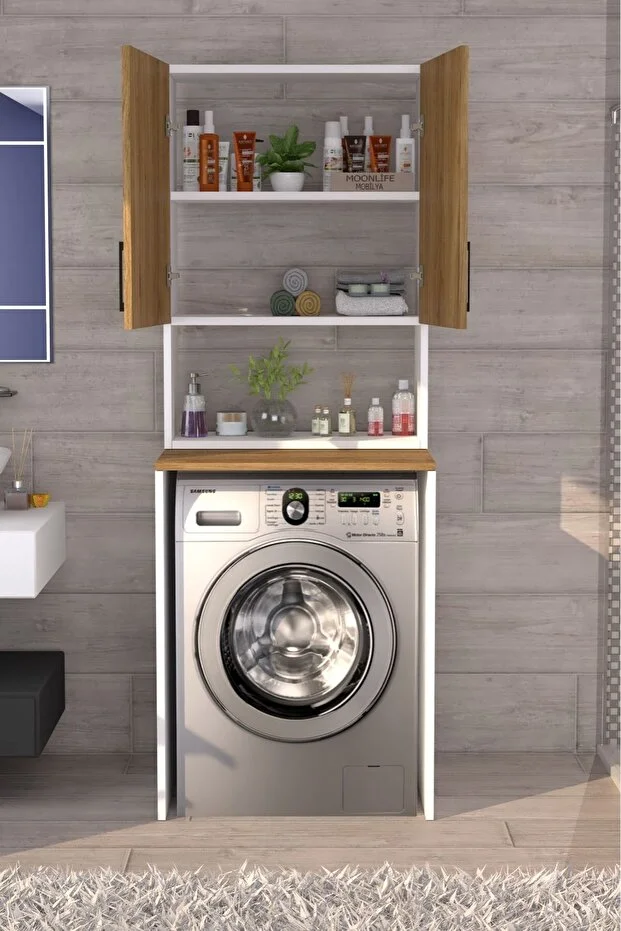 Üst Dolaplı Çok Amaçlı Çamaşır Makinesi Banyo Dolabı Beyaz